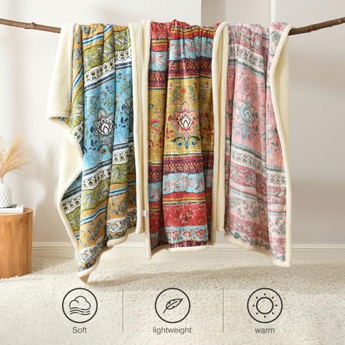 Boho Chic Sherpa Fleece Throw Blanket with Ultra-Soft Cozy Lining,Bohemian Patterned Throws for Sofa,Couch,Bed - color: Boho-pastel Pink, size: 50" x 60"