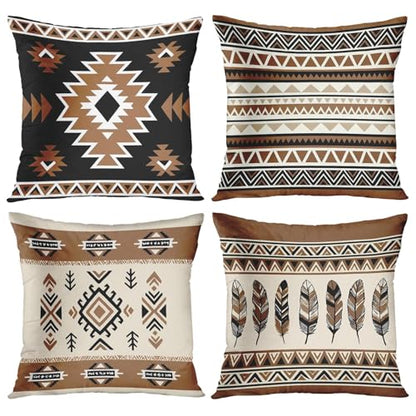 Throw Pillow Covers, Geometric Feather, Set of 4, 18"x18" - color: Tribal Geometric 4