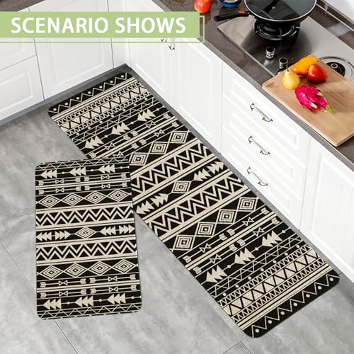 Black Boho Kitchen Mats Set of 2 Non Slip Black and White Farmhouse Kitchen Rugs Bohemia Home Decor Low-Profile Washable Floor Mat 17x47 Inch and 17x29 Inch - color: Boho Kitchen Mat-02, size: 17x47 inch and 17x29 inch