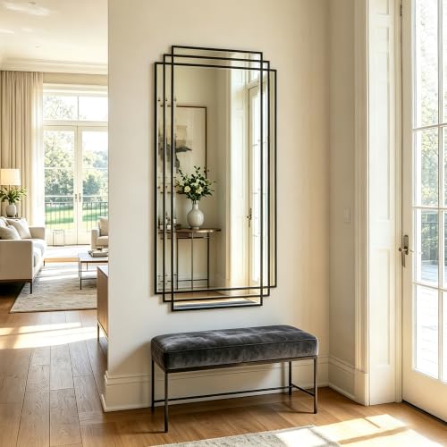 47"x24" Large Rectangle Beveled Mirror with Black Geometric Frame - color: Black, size: 47"L x 24"W