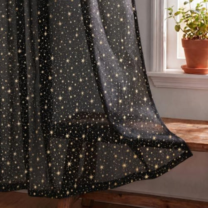 Horaldaily 2Pcs Black Sheer Curtains 52x63in, Gold Sequin Star, Halloween - color: Black and Gold, size: 52"W x 63"L (Pack of 2)