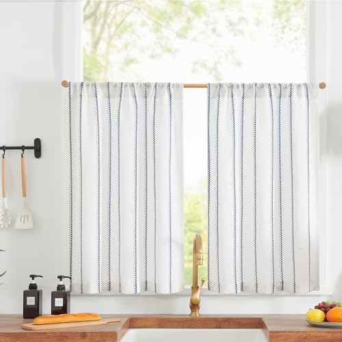 jinchan Linen Striped Tier Curtains for Kitchen Windows Cottage - color: Cottage Striped | Blue, size: 26"W x 24"L (Pack of 2)