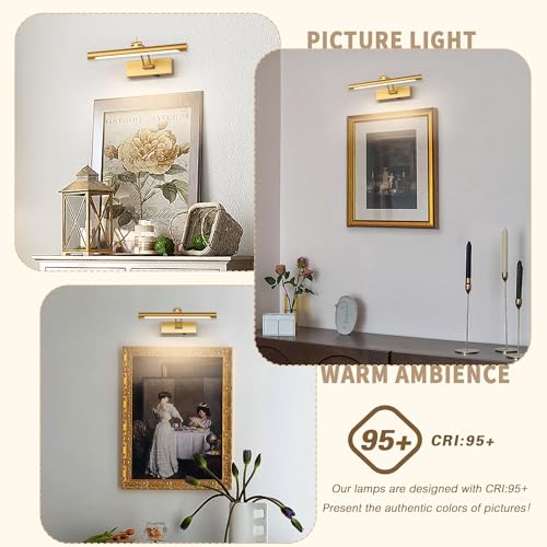 Battery Operated Picture Light with Remote,Wireless Gallery Lights Gold 12in Rechargeable Display Light with Flexible Swing Arm,Dimmable Wall Sconce for Artwork on Wall - color: Model A-Gold