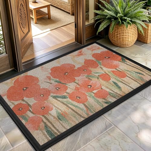 Color&Geometry Front Door Mat Outside Entrance, 29.5x48 Spring Entryway Doormat Dirt Trapper, Heavy Duty Non Slip Entry Mats for Patio Garage Porch Home Decorative, Red Poppy Floral - color: Red Poppy Floral, size: 30"x48"