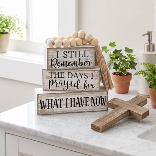 Yuntau 4 Pcs Farmhouse Christian Tabletop Decor Rustic Wood Bead Garland - style: Prayed