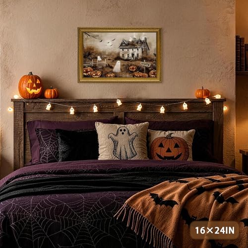 AVECCO Halloween Haunted Pumpkin House Ghost Wall Art Framed Canvas 8x10 in - color: Castle, size: 10"L x 8"W