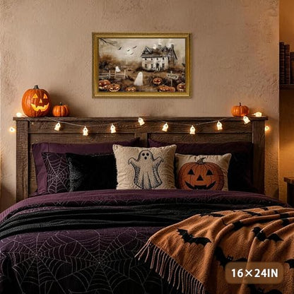 AVECCO Halloween Haunted Pumpkin House Ghost Wall Art Framed Canvas 8x10 in - color: Castle, size: 10"L x 8"W