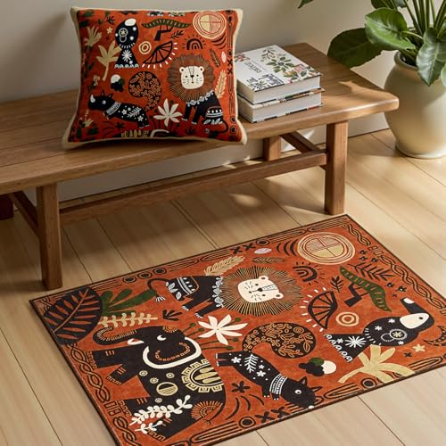 jinchan 2x3 Cute Area Rug Kids Washable Fun Rug Terracotta Boho Jungle Mat - color: Jungle Parade Orange, size: 2' x 3' (Rectangular)