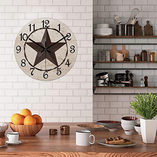 Round Farmhouse Wall Clock Western Texas Star Classic Style Wood Clock Silent Non-ticking Battery Operated Easy to Read Antique Wall Hanging Desk Clock for Living Room Kitchen Farmhouse 12 Inch - color: Style, size: 12in