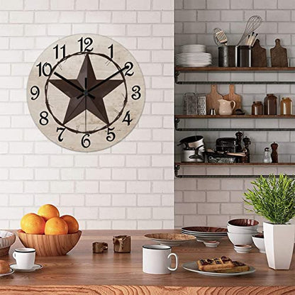 Round Farmhouse Wall Clock Western Texas Star Classic Style Wood Clock Silent Non-ticking Battery Operated Easy to Read Antique Wall Hanging Desk Clock for Living Room Kitchen Farmhouse 12 Inch - color: Style, size: 12in