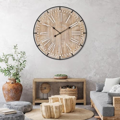 Farmhouse Wall Clock 30 Inch - Rustic Wood Metal Decor, Silent Sweep, Battery Operated for Living Room Kitchen Office, Brown - size: 30 Inch