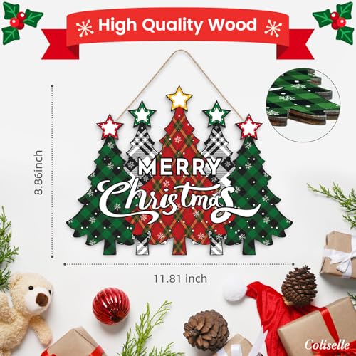 Wooden Merry Christmas Door Sign,Christmas Tree Door Wreath for Front Sign Wall Signs,Decoration Farmhouse Hanging Plaque,Hanging for Home Wall Decor Party(Red)