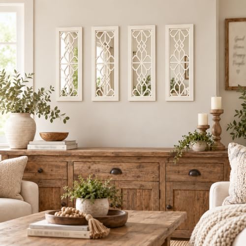 ZEXUIRU 4 Set Rustic Wall Mirrors for Bedroom Bathroom Living Room Entryway Wood Farmhouse Rectangle Easy to Hang Framed Decorative Accent Hanging Wall-Mounted Mirror Set for Living Room - White - color: Rectangle White Set 4