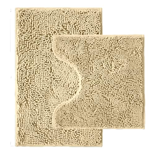 Bathroom Rugs Sets 2 Piece,Super Absorbent Chenille Bath Mats and U-Shaped Toilet Rug,Strong PVC Non Slip Backing,Microfiber Washable Dry Quickly Bath Mats for Bathroom(20"x32"+20"x20"U, Camel) - color: Camel