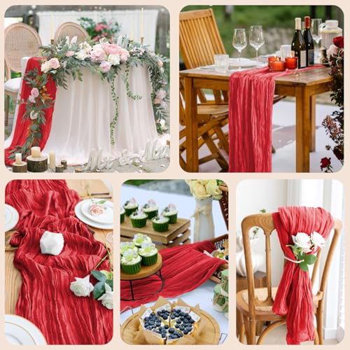 Cheesecloth Table Runner 10FT Red Boho Gauze Rustic Sheer Runners - color: Red, size: 1 Pack