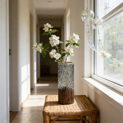 Artistic Wood Glass Vase,Wooden Base,Tall Vases Bottles for Flowers, Entryway, Dining Table, Shelf, Living Room, and Modern Home Decor (Casual) - style: Casual