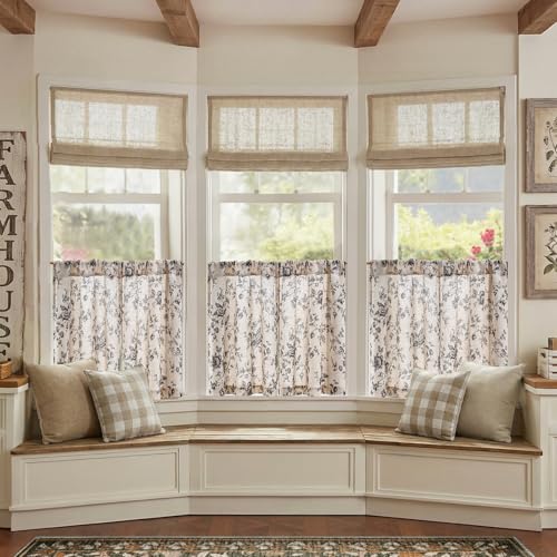 jinchan Floral Linen Kitchen Tier Curtains, 24 Inch, 2 Panels, Black - color: Amlie Black, size: 26"W x 24"L (Pack of 2)