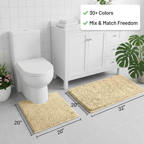 Bathroom Rugs Sets 2 Piece,Super Absorbent Chenille Bath Mats and U-Shaped Toilet Rug,Strong PVC Non Slip Backing,Microfiber Washable Dry Quickly Bath Mats for Bathroom(20"x32"+20"x20"U, Camel) - color: Camel