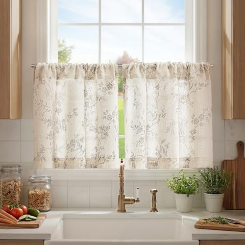 jinchan Floral Linen Kitchen Tier Curtains, 24 Inch, 2 Panels, Gray - color: Alisa Gray, size: 26"W x 24"L (Pack of 2)