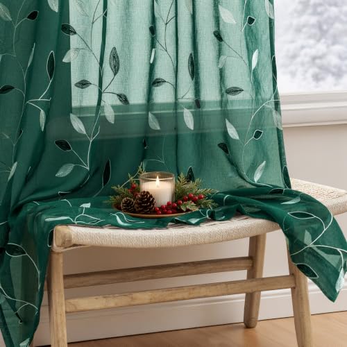 MIULEE Christmas Hunter Green Sheer Curtains Leaf Patterned, W52 x L63 - color: Hunter Green, size: 52"W x 63"L (Pack of 2)
