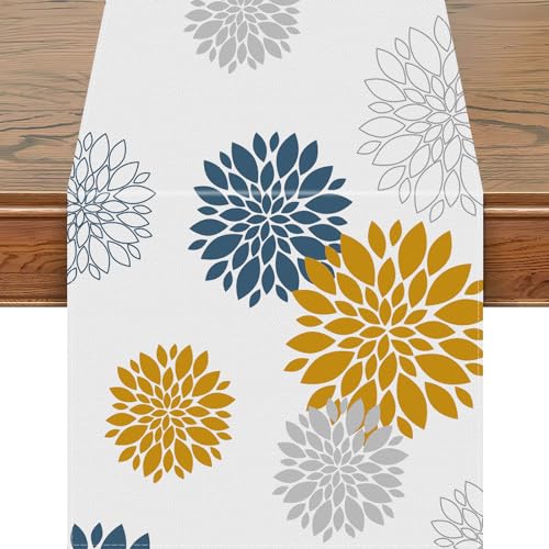 Snycler 13x48 Inch Table Runner Blue Yellow Dahlia Pinnata Flower Table Runners Modern Elegant Pompon Farmhouse Geometric Table Center White Linen Decor for Home Dining Party Entrance - color: Blue Yellow Dahlia, size: 13" x 48"