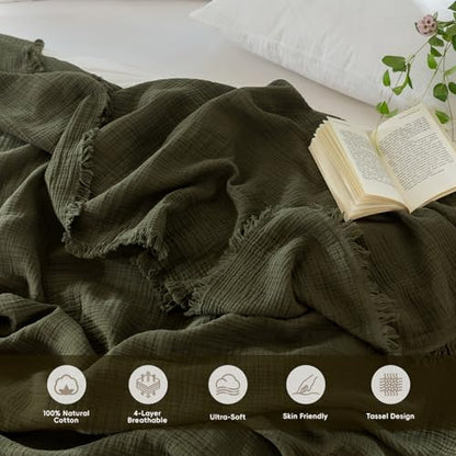 MooMee 100% Cotton Muslin Blanket, Fringed 4-Layer Gauze Bed Couch Throw - color: Olive Green, size: Throw
