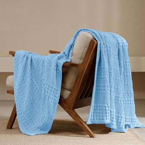 PHF Lightweight 100% Cotton Waffle Throw Blanket for Couch, Airy Blue - color: Airy Blue, size: Throw(50"x60")