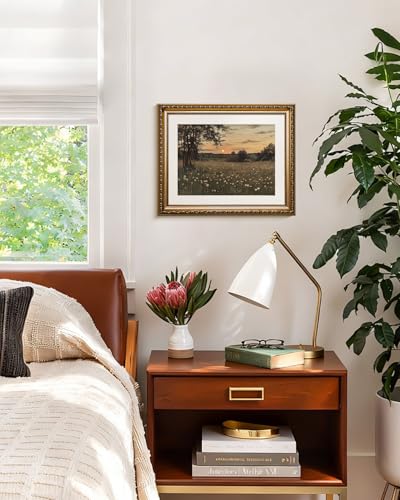VIYYIEA Gold Framed Meadow Landscape Wall Art Canvas Painting, 13×16 Inch - color: Sunset Meadow Landscape, size: 16"L x 13"W
