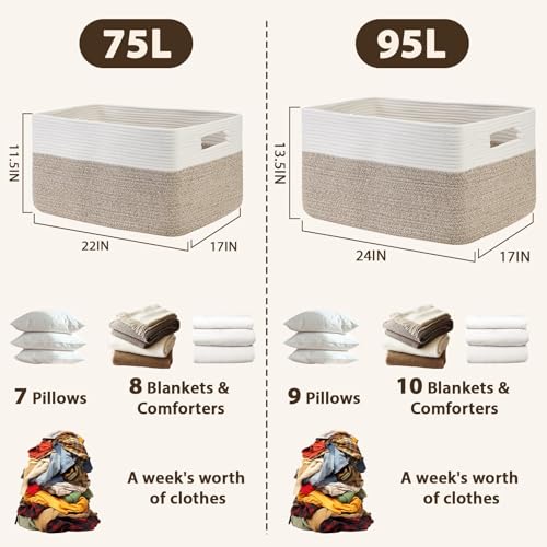 Optish 95L Large Woven Blanket Basket, Storage Basket with Handles - color: White & Brown, size: 24" x 17" x 13.5"(95L)
