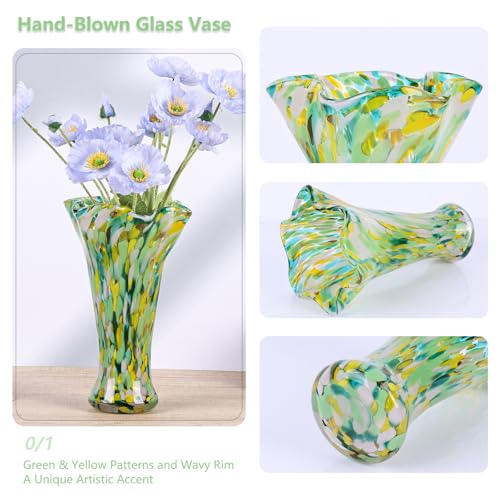 9.0" H Green Glass Vases for Flower, Unique Hand Blown Glass Vase - color: Green