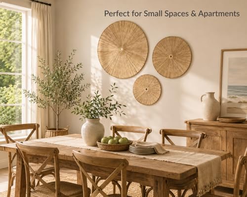 PEMAR Handwoven Jute Wall Hanging Baskets, Set of 3 Round Woven Wall Decor (22", 19", 15"), Decorative Wall Accents for Living Room, Bedroom and Entryway