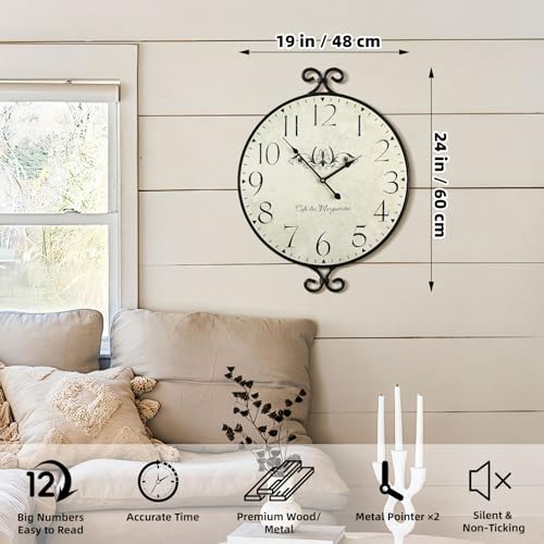 24 Inch Large Farmhouse Wall Clock, Wrought Iron Frame with Warm Gray Finish, Silent Battery Operated Wall Clock for Living Room Kitchen Bedroom - color: Vintage Wall Clock-24'', size: 24 Inch