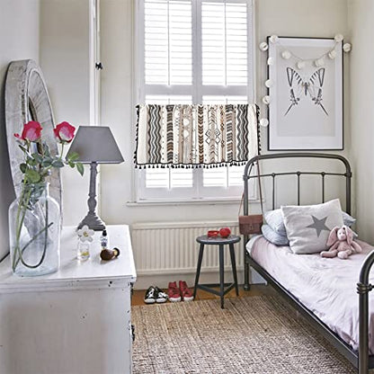 RYNGHIPY Boho Window Valance Cotton Linen Curtain Tiers Farmhouse Window Curtain Topper for Kitchen Living Room Bedroom 55 x 36 Inches Length - color: Cream Black, size: 55"W x 36"L (Pack of 1)