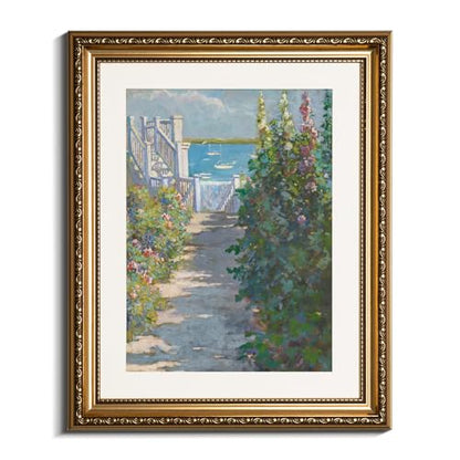VIYYIEA Gold Framed Coastal Garden Wall Art Canvas Painting, 13×16 Inch - color: Coastal Garden Painting, size: 16"L x 13"W