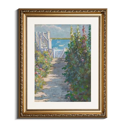 VIYYIEA Gold Framed Coastal Garden Wall Art Canvas Painting, 13×16 Inch - color: Coastal Garden Painting, size: 16"L x 13"W