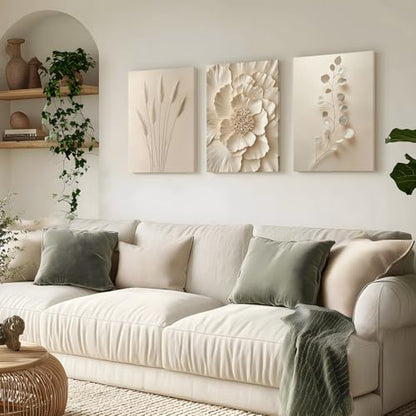 Hianan Wrapped Canvas Neutral Beige Botanical Wall Art Set of 3, 12x16 in - color: Beige, size: 16"L x 12"W