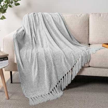 PAVILIA Chenille Throw Blanket Knit Twin Size Tassel Throw Light Grey 60x80 - color: Light Grey, size: 60 X 80 Inches - Twin