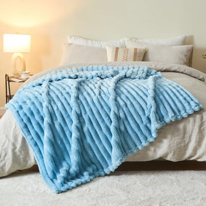 NEWCOSPLAY Fleece Ribbed Cozy Twin Blanket for Couch, Blue, 60"x80" - color: Blue Ribbed, size: Twin(60"x80")