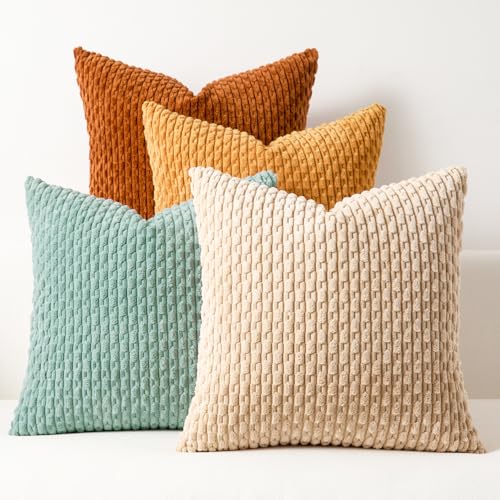 Kevin Textile Decorative Pillow Covers 18x18 Inch Set of 4 Soft Boho Corduroy Throw Pillow Cases Mix and Match Colors Plush Texture Throw Pillows for Sofa Couch Bedroom Home Decor Orange/Teal - color: Orange Teal, size: 18" x 18" (Pack of 4)