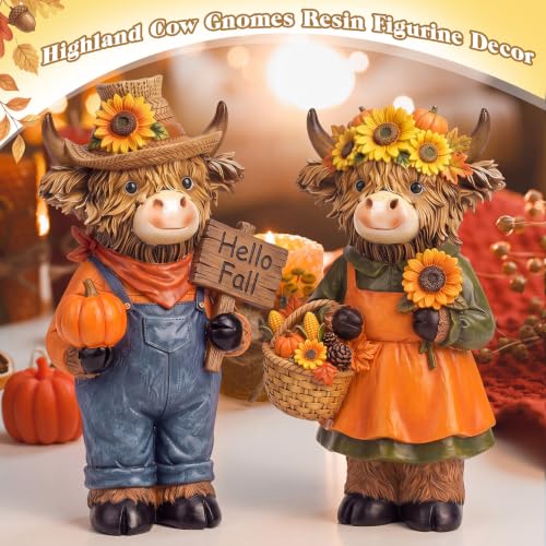 2 Pcs Fall Highland Cow Figurines Gifts, Resin Table Decor - style: Hello Fall