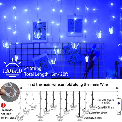 Butterfly Curtain Fairy Lights USB Plug in,8 Modes 120 LED 20FT Firefly Twinkle Timer String Lights with Remote, Waterproof Copper Wire for Bedroom Patio Christmas Wedding Party(Blue) - color: Blue