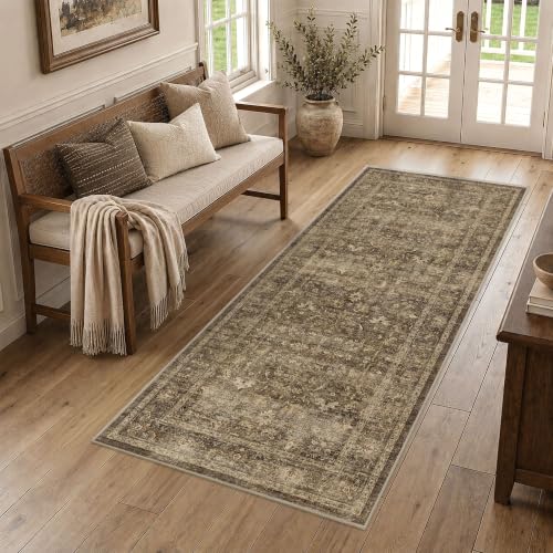 3x7 Washable Kitchen Runner Rug Non-Slip Vintage Brown Throw Carpet - color: Accent | Brown, size: 3' x 7' (Runner)