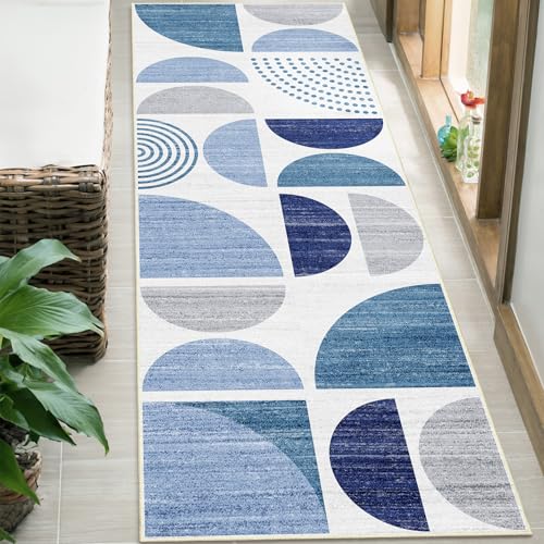 MUJOO Runner Rug Washable,Blue 2x6 Area Rugs Non Slip Modern Abstract - color: Blue and Grey, size: 2' x 6' (Rectangular)