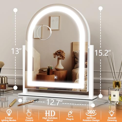 Gvnkvn Arched 15.2 in Lighted Makeup Mirror, 10X Magnifiers - color: White, size: 15.2"L x 13"W