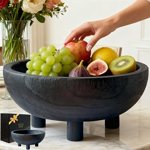Premium 11" Large Charred Black Wooden Bowl Coffee Table Decor,Dining Decor Centerpiece-Fruit,Snack,Serving Bowl for Kitchen Counter,Farmhouse&Home Decor,Wedding Display-Housewarming Gift - color: Charred Black, size: Large