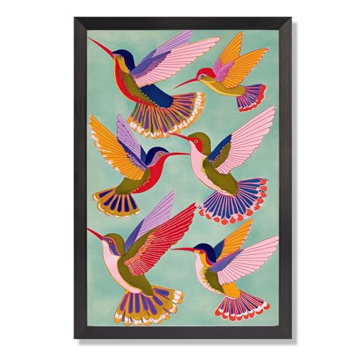 Retro Hummingbird Canvas Wall Art Vintage Colorful Bird Poster Maximalist Boho Folk Artwork Illustration Prints Painting For Living Room Bedroom Apartment Wall Decor 16x20in black Framed - color: style 04, size: 16"L x 20"W
