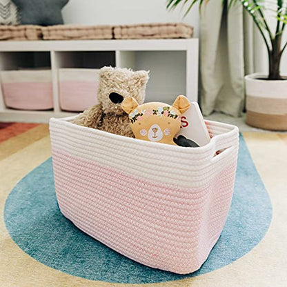OrganiHaus Cotton Rope Baskets for Shelves, Set of 3, 15x9x10 - color: Pink / Off-White