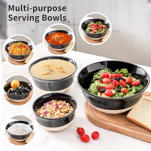 HASENSE Ceramic Mixing Bowls Set of 3, 84/40/20 Oz Black & Beige Stoneware Bowls, Farmhouse Bowls for Salad, Soup, Cooking Baking Serving Food, Nesting BowlsDishwasher & Microwave Safe - color: Black, size: 84+40+20 oz