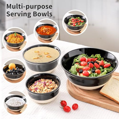 HASENSE Ceramic Mixing Bowls Set of 3, 84/40/20 Oz Black & Beige Stoneware Bowls, Farmhouse Bowls for Salad, Soup, Cooking Baking Serving Food, Nesting BowlsDishwasher & Microwave Safe - color: Black, size: 84+40+20 oz