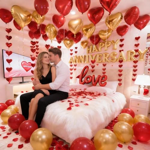 Anniversary Decorations, Happy Anniversary Banner, Hanging String Hearts, Red and Gold Balloons, Love Balloon, Red Silk Rose Petals for Wedding Bridal Shower Bachelorette Party Decorations